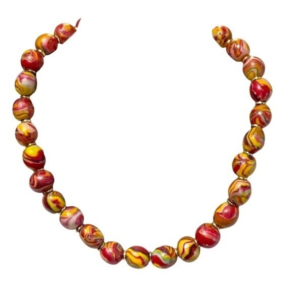 Jewelry - Marbled Bead Necklace Red Yellow Swirl Statement Choker